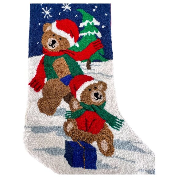 Needlepoint Christmas Stocking Teddy Bears With Presents 20 Inch Red Velvet Back - Picture 2 of 6